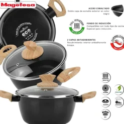 Batería Cocina Inducción 6 Piezas, Antiadherente Libre Pfoa, Exterior Negro Asas Efecto Madera Magefesa Orbe, Negro