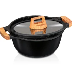 Batería Cocina Inducción 3 Piezas Aluminio Fundido Antiadherente Ilag Sin Pfoa Set Cazuelas Sartén Smile Wood, Negro