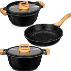 Batería Cocina Inducción 3 Piezas Aluminio Fundido Antiadherente Ilag Sin Pfoa Set Cazuelas Sartén Smile Wood, Negro