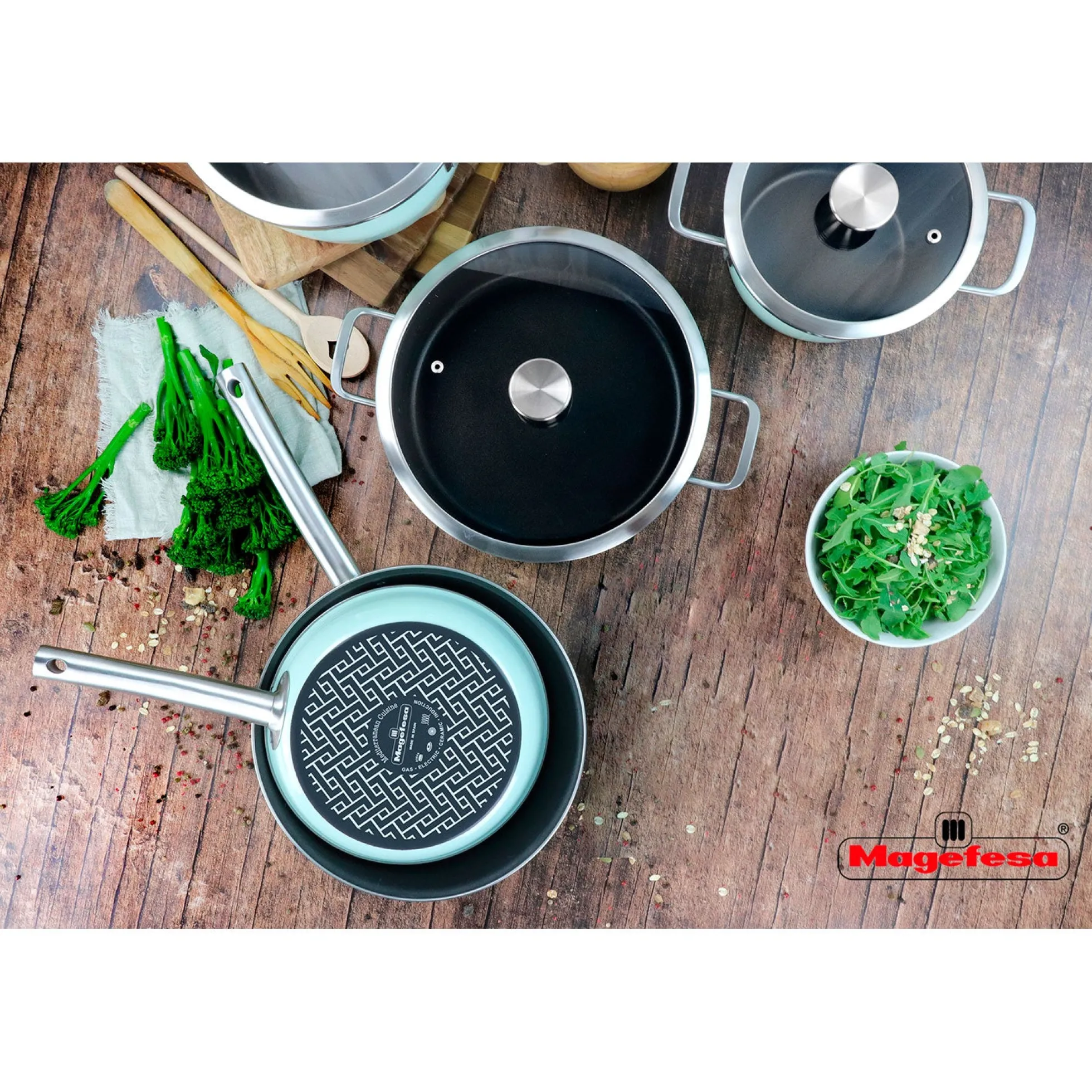 Batería Cocina Inducción 6 Piezas, Antiadherente Libre Pfoa Exterior Verde Menta Retro Vintage Magefesa Nordic, Verde