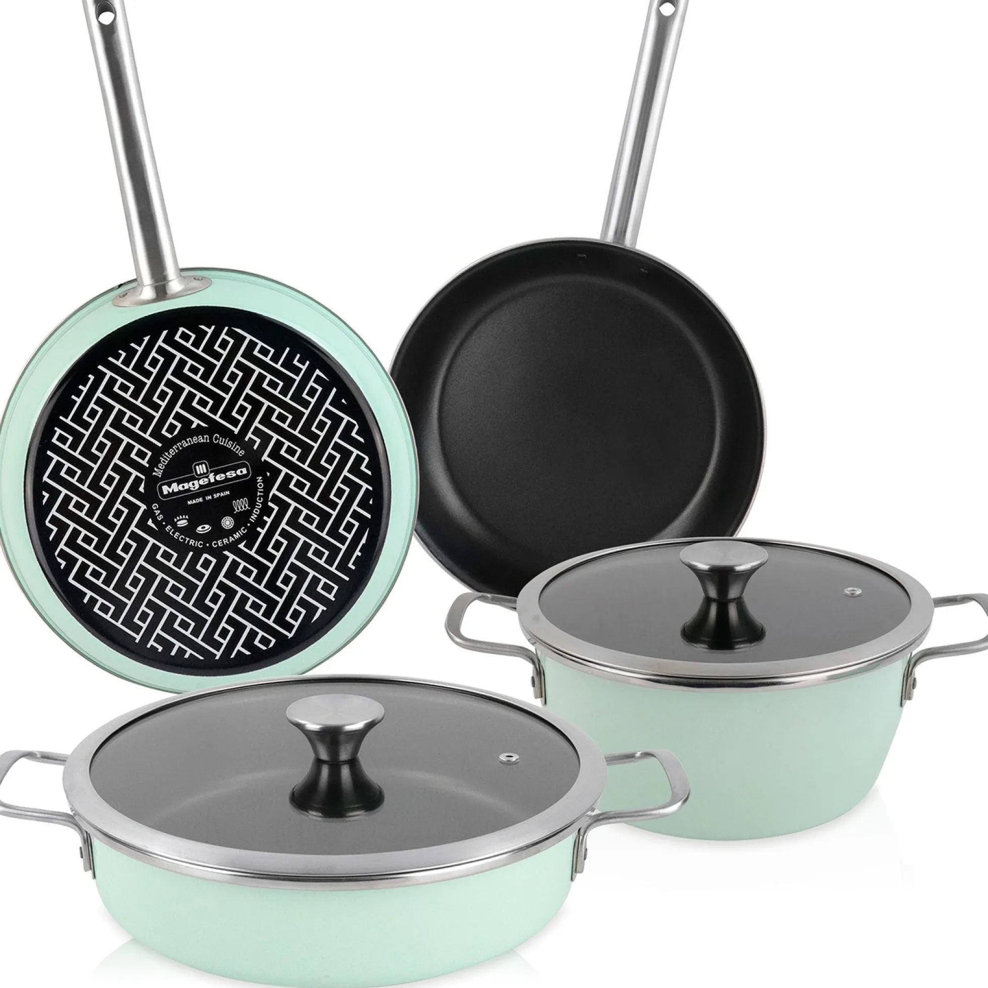 Batería Cocina Inducción 6 Piezas, Antiadherente Libre Pfoa Exterior Verde Menta Retro Vintage Magefesa Nordic, Verde