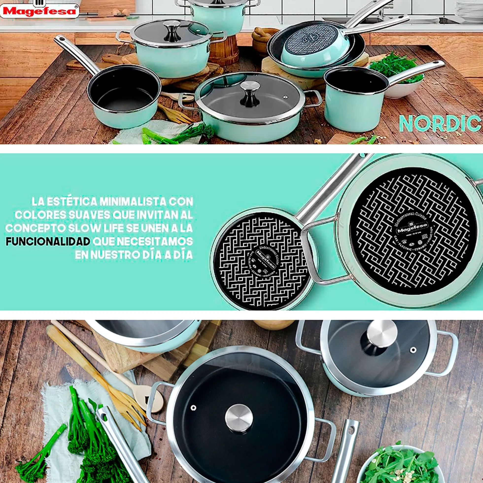 Batería Cocina Inducción 6 Piezas, Antiadherente Libre Pfoa Exterior Verde Menta Retro Vintage Magefesa Nordic, Verde