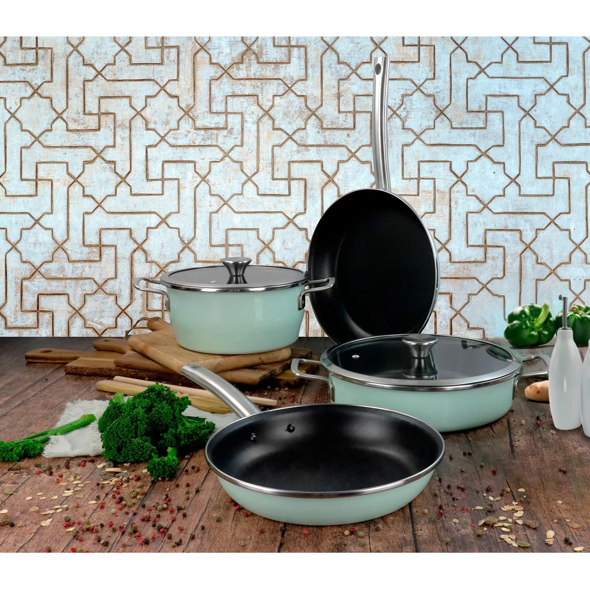 Batería Cocina Inducción 6 Piezas, Antiadherente Libre Pfoa Exterior Verde Menta Retro Vintage Magefesa Nordic, Verde