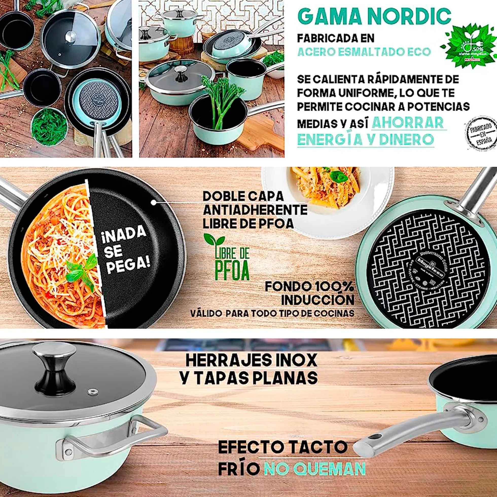 Batería Cocina Inducción 6 Piezas, Antiadherente Libre Pfoa Exterior Verde Menta Retro Vintage Magefesa Nordic, Verde