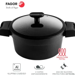 Batería Cocina Inducción 5 Piezas, Antiadherente Sin Pfoa, Aluminio Fundido, Cazuelas Sartenes Fagor Alutherm Negro