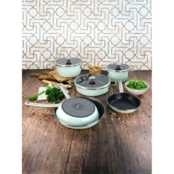 Batería Cocina Inducción 9 Piezas, Antiadherente Libre Pfoa Exterior Verde Menta Retro Vintage Magefesa Nordic, Verde