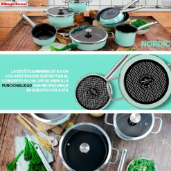 Batería Cocina Inducción 9 Piezas, Antiadherente Libre Pfoa Exterior Verde Menta Retro Vintage Magefesa Nordic, Verde