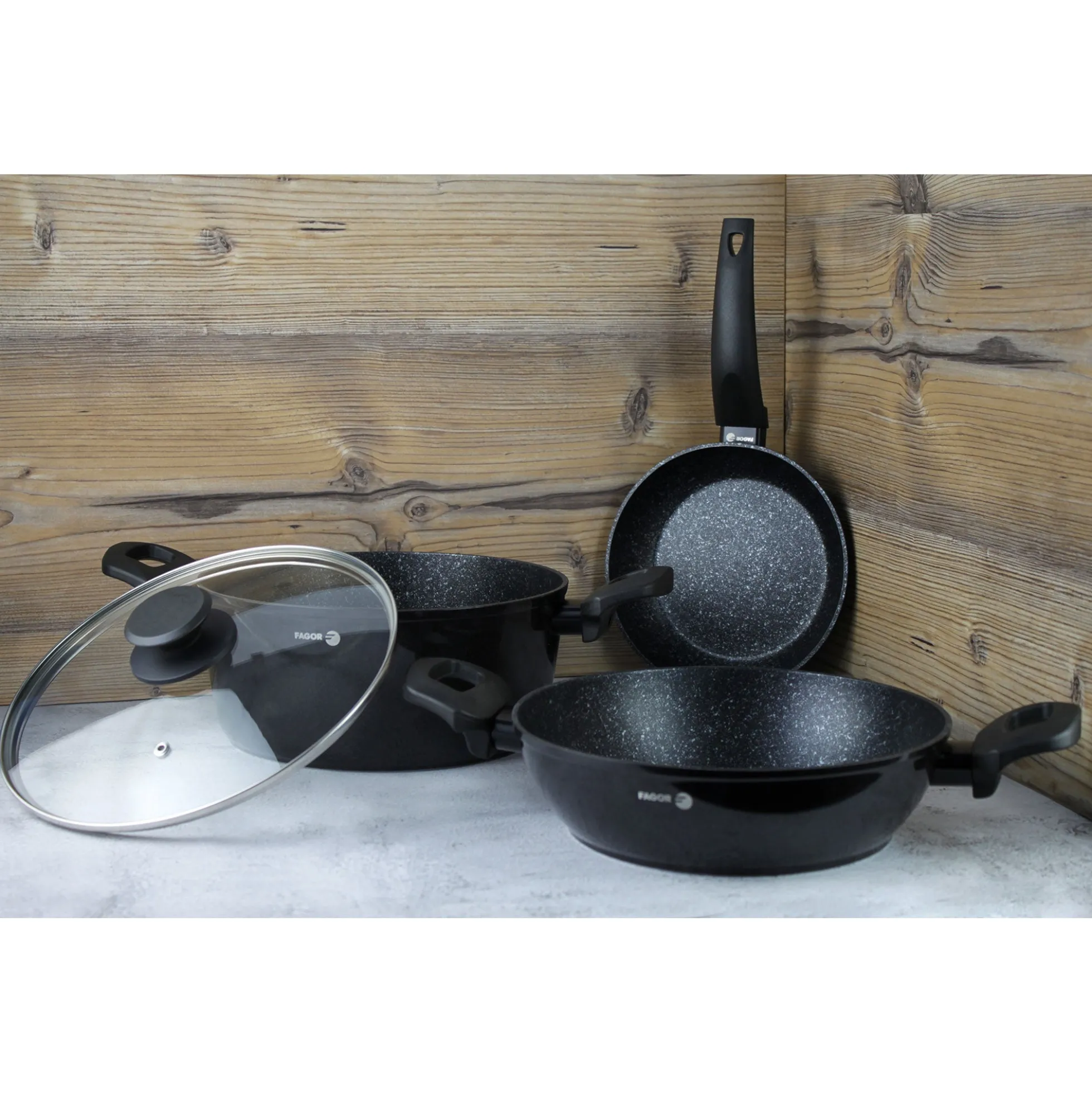 Batería Cocina Inducción 4 Piezas, Antiadherente Sin Pfoa, Aluminio Forjado, Cazuela Sartenes Fagor Vivant 424 Negro
