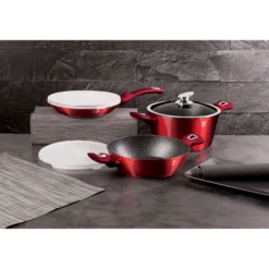 Batería De Cocina Aluminio Forjado Antiadherente Sin Pfoa, Set 2 Cacerolas, 1 Sartén, Tapas Berlinger Haus Burgundy Rojo