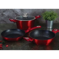 Batería De Cocina Aluminio Forjado Antiadherente Sin Pfoa, Set 2 Cacerolas, 1 Sartén, Tapas Berlinger Haus Burgundy Rojo