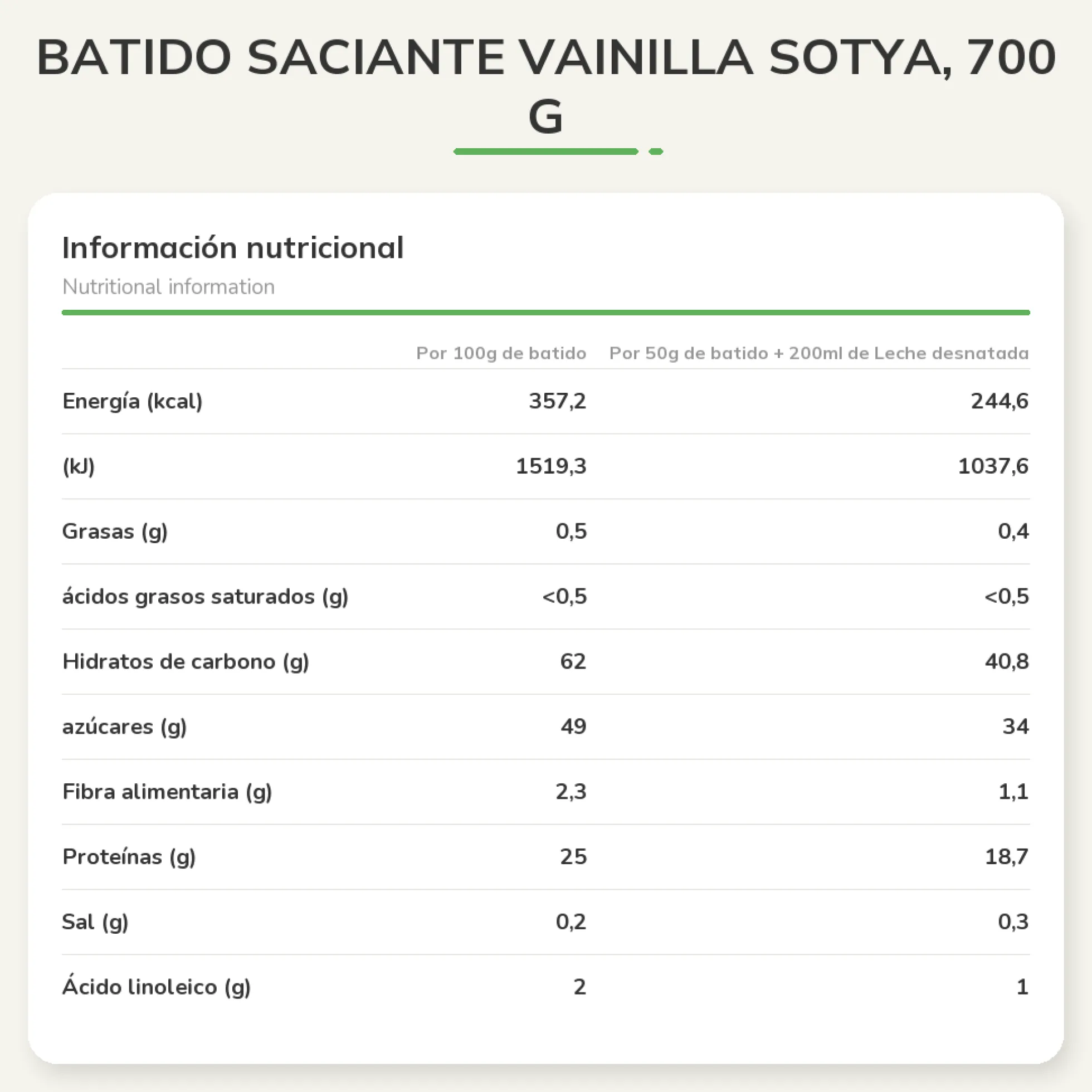 Batido Saciante Vainilla Sotya, 700 g