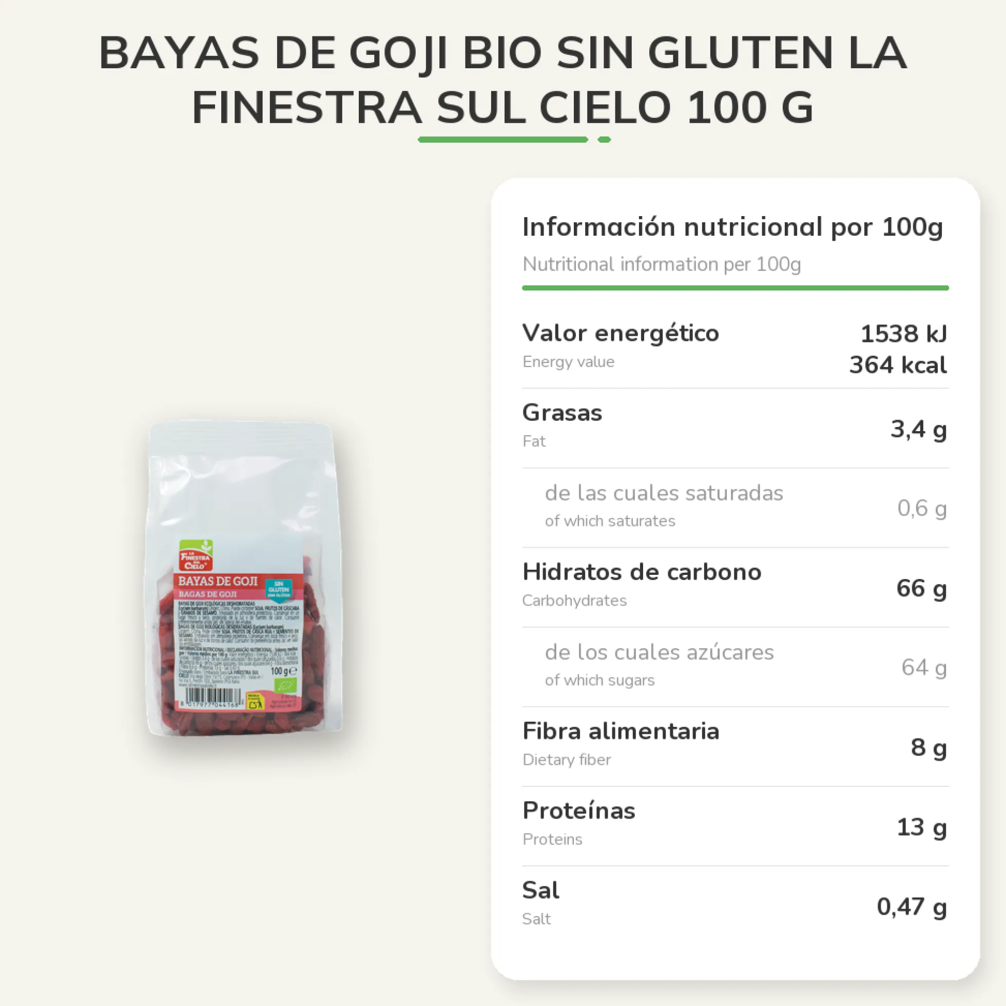 Bayas de Goji BIO sin gluten La Finestra Sul Cielo 100 g