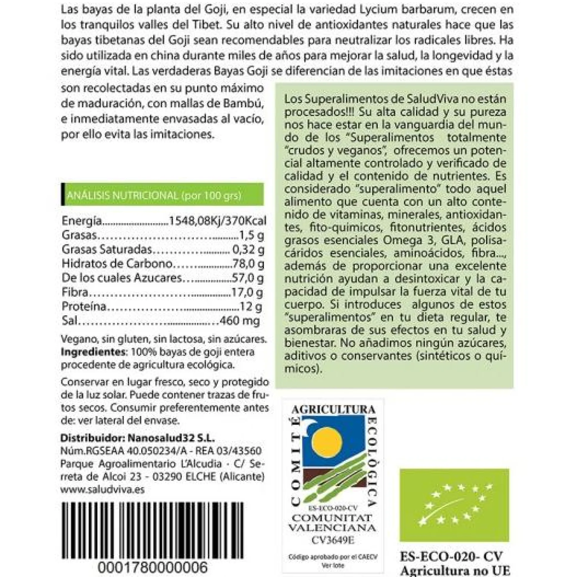 Bayas de goji enteras ECO 250 g, Salud Viva