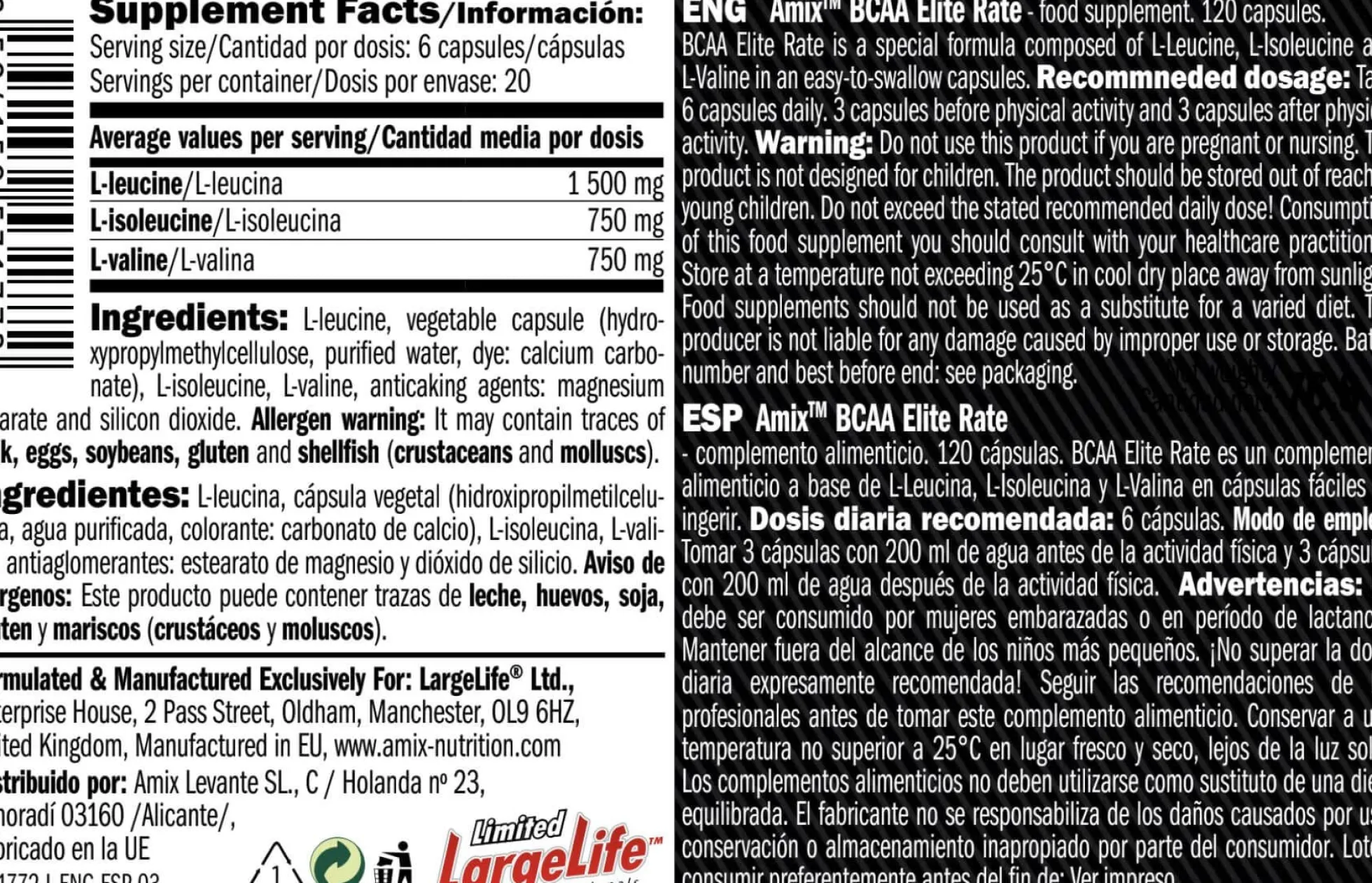 Bcaa Elite Rate 2:1:1 - 120 Cápsulas - Bcaa Ramificados - Amix Nutrition