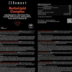 BeberLipid Complex con berberina, levadura de arroz rojo, policosanol, Q10, astaxantina, ácido fólico y vitamina B1 Zenement, 120 comprimidos