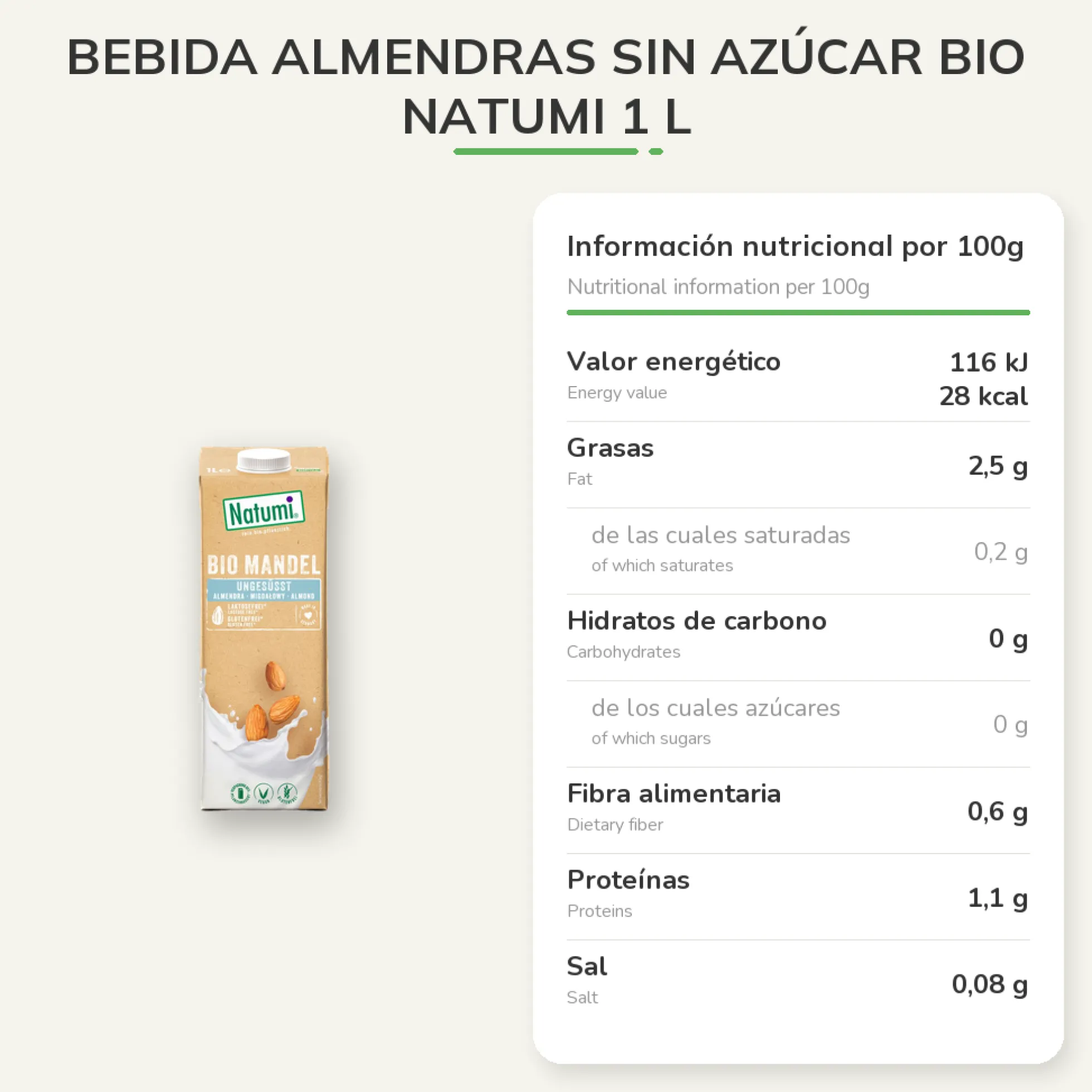 Bebida Almendras sin azúcar Bio Natumi 1 L