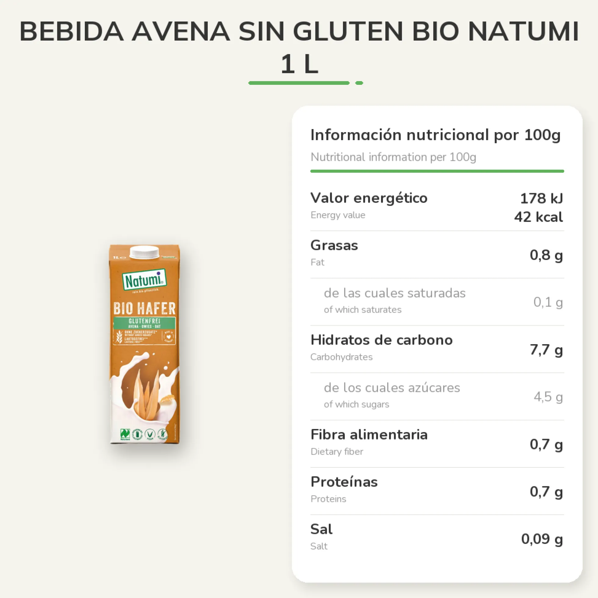 Bebida Avena Sin Gluten BIO Natumi 1 L