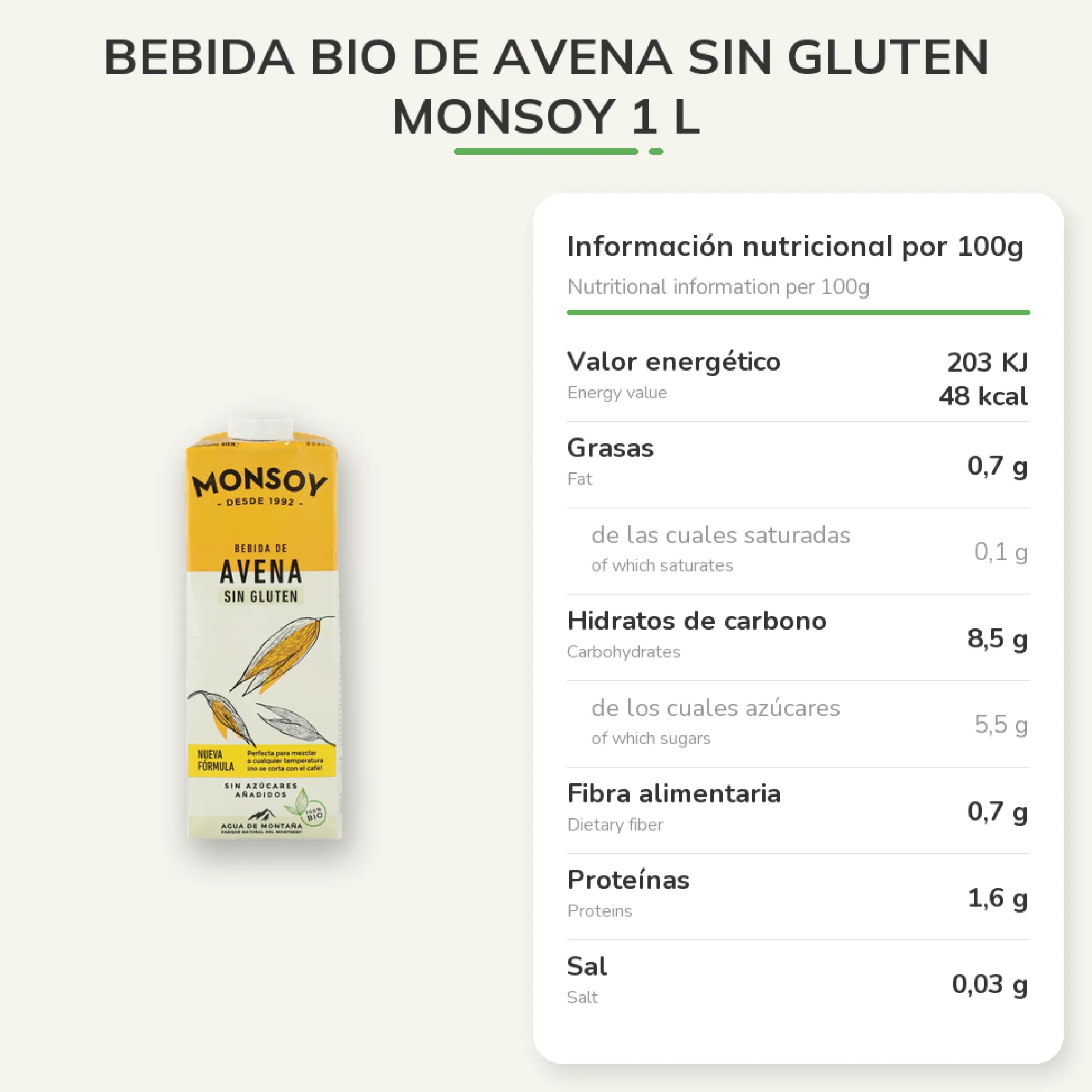 Bebida BIO de avena sin gluten Monsoy 1 L