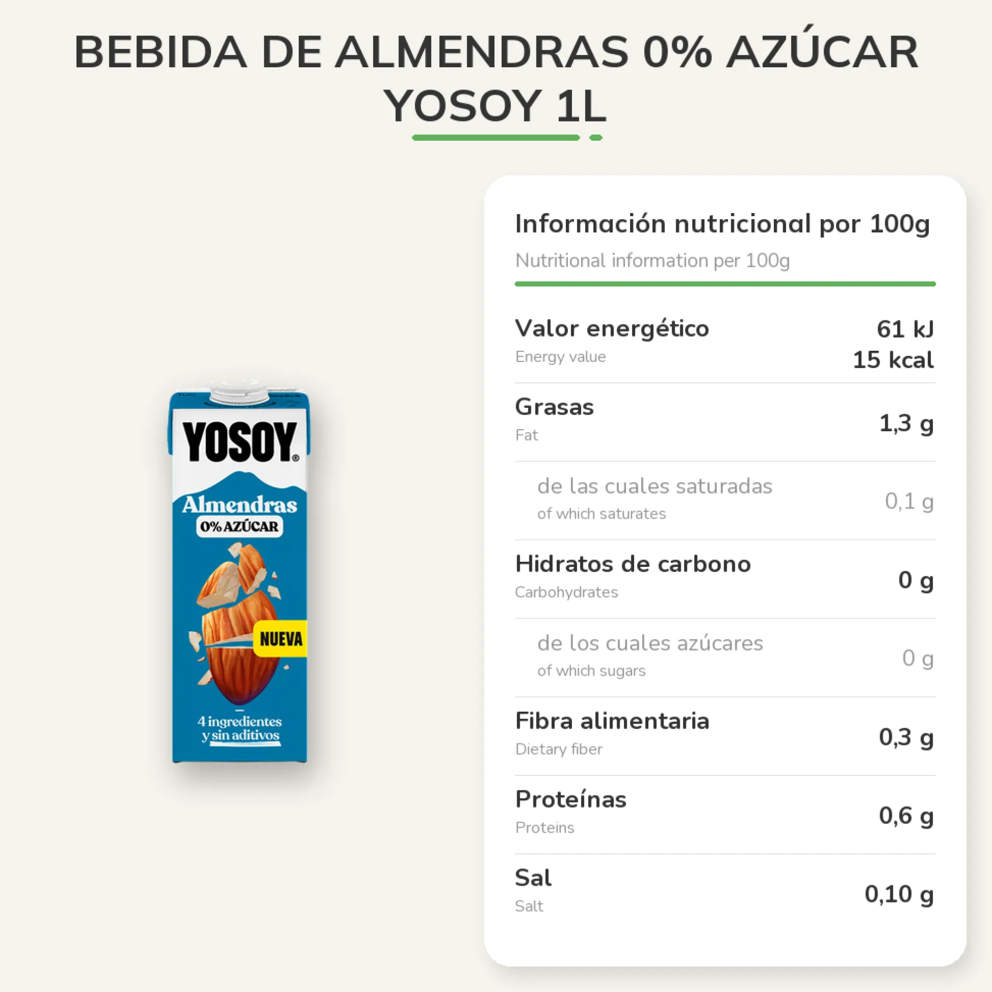 Bebida de Almendras 0% Azúcar Yosoy 1L