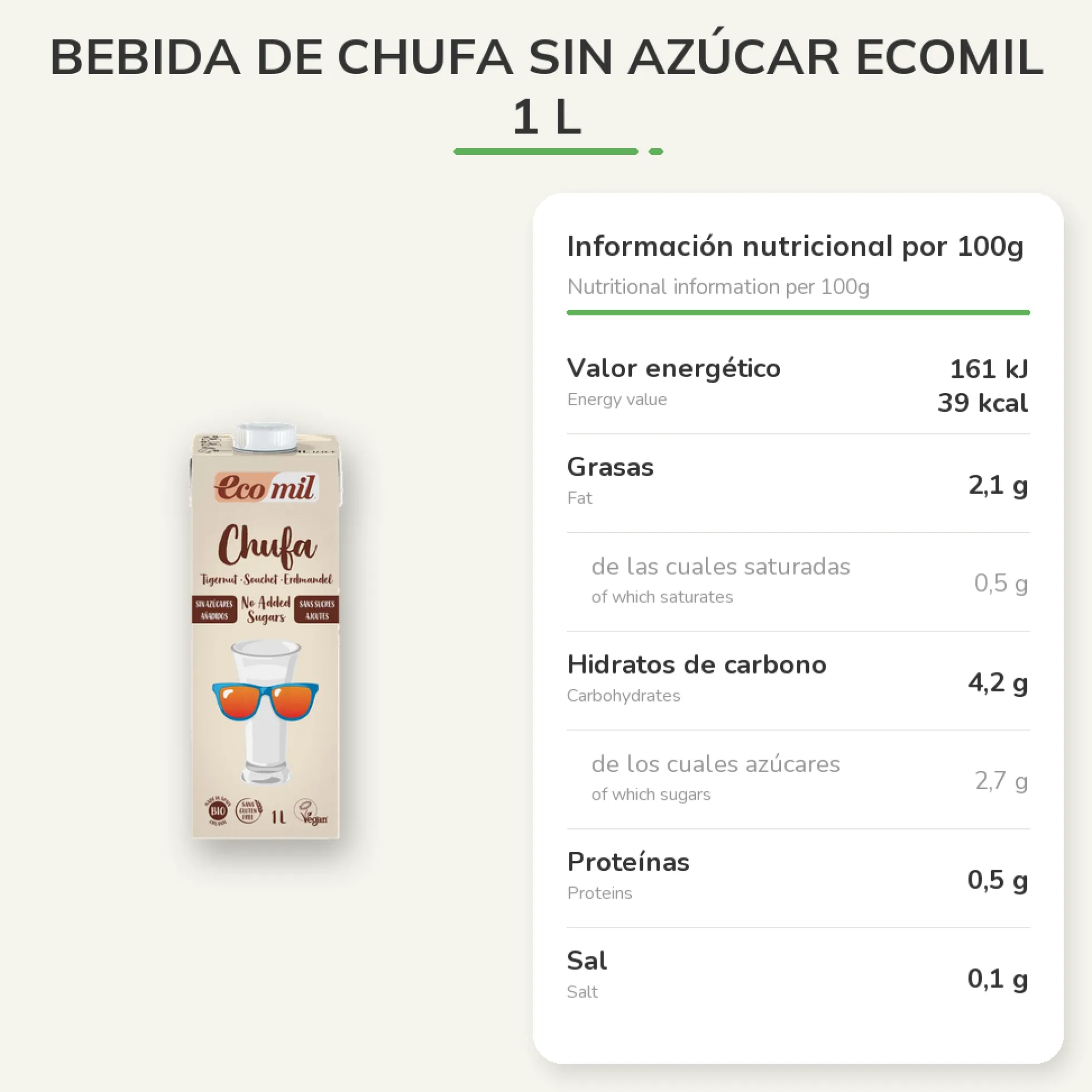 Bebida de Chufa sin azúcar Ecomil 1 L