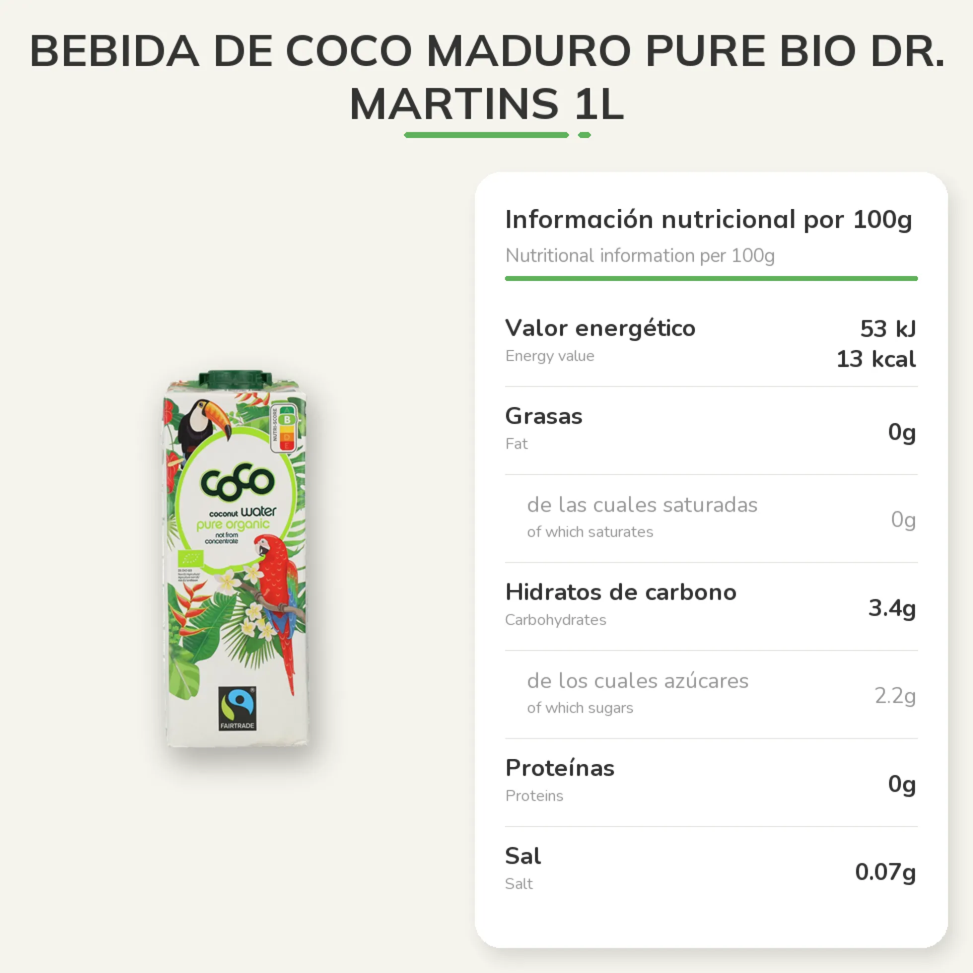 Bebida de Coco Maduro Pure Bio Dr. Martins 1L