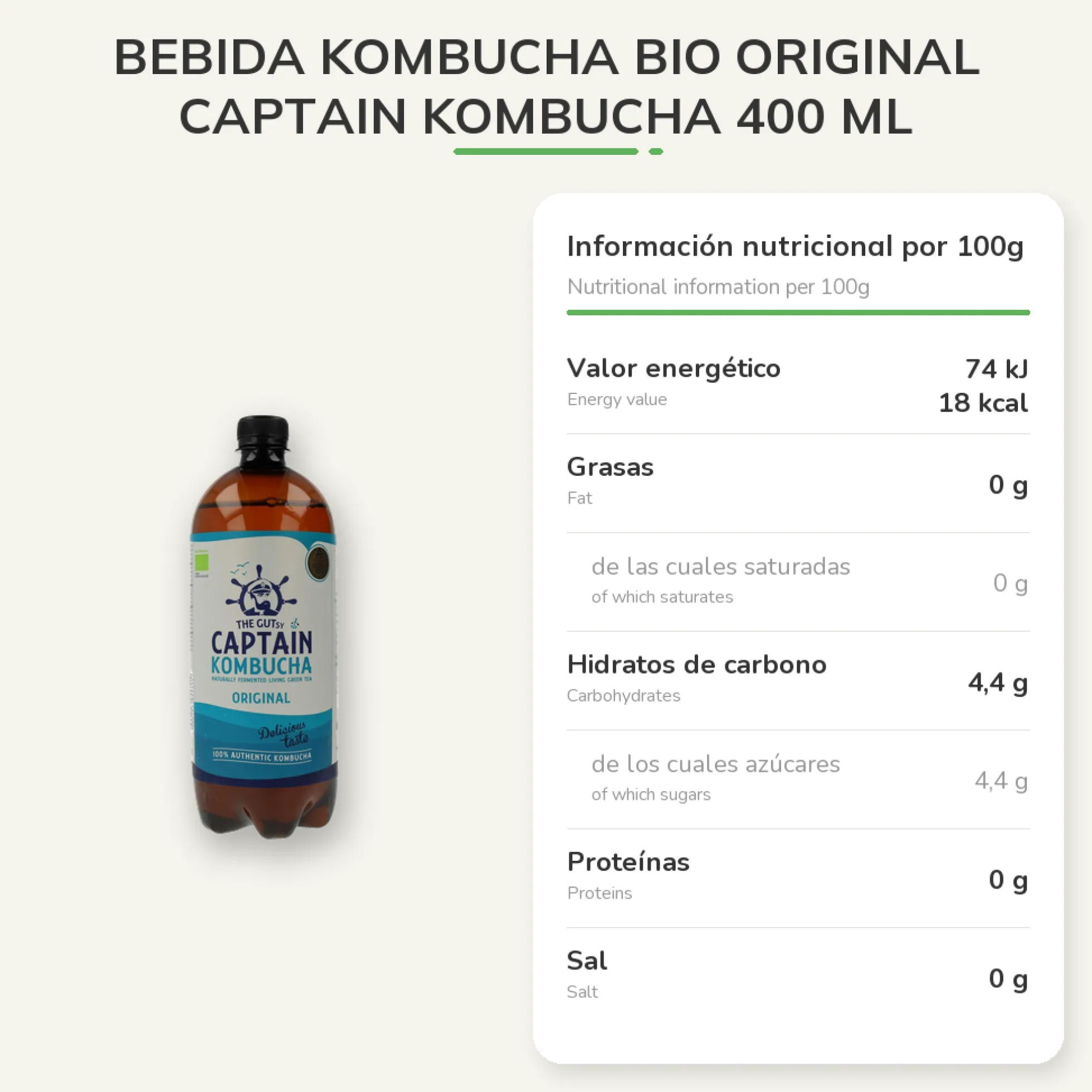 Bebida Kombucha BIO original Captain Kombucha 400 ml