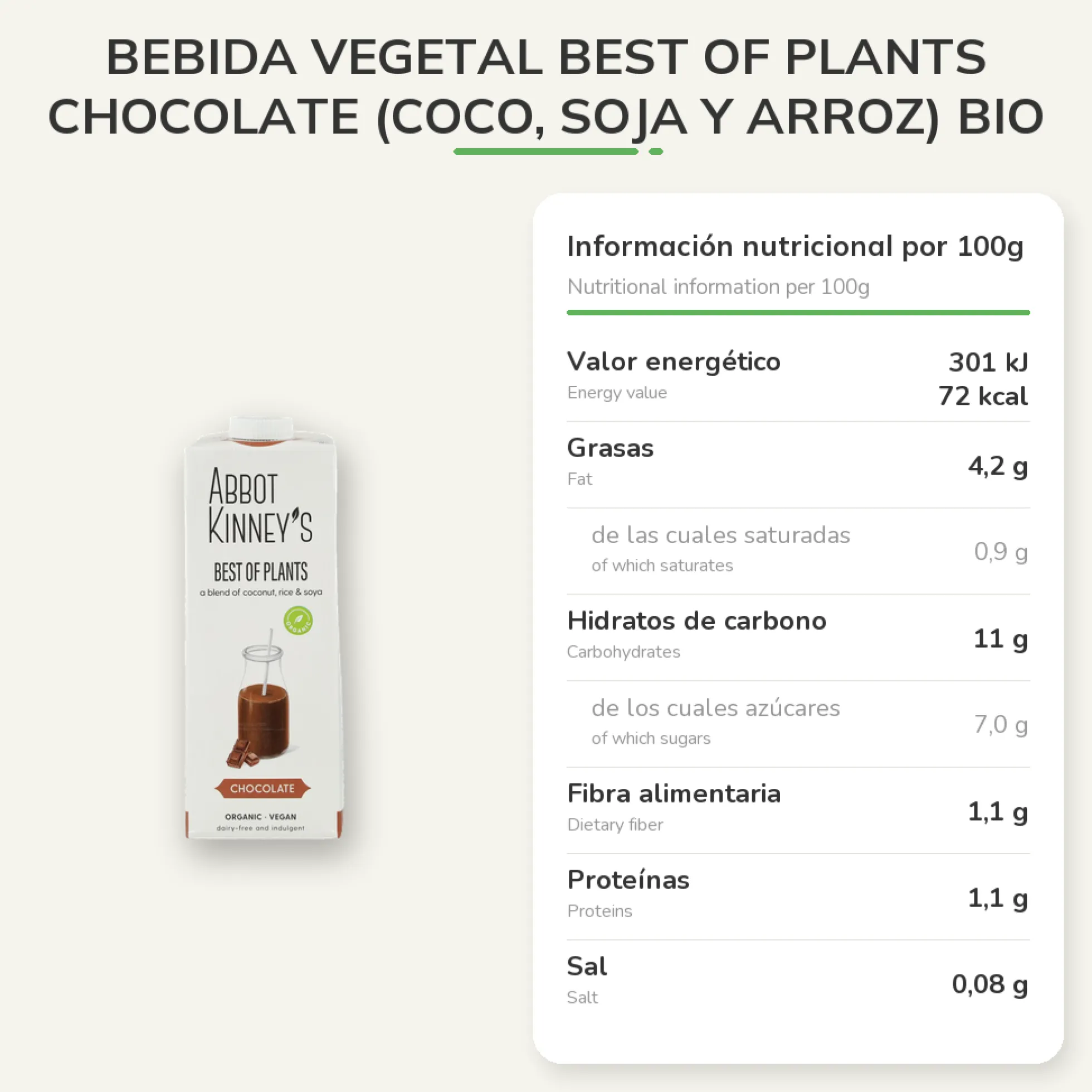 Bebida Vegetal Best Of Plants chocolate (coco, soja y arroz) Bio Abbot Kinney 1