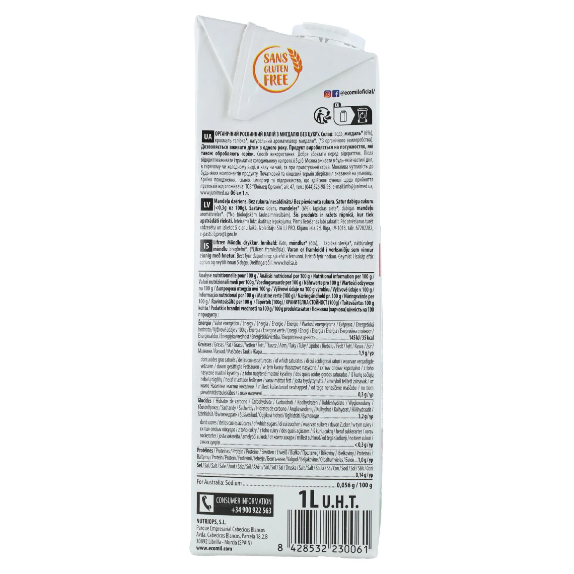 Bebida Vegetal de Almendra Natural sin azúcar BIO Ecomil 1 L