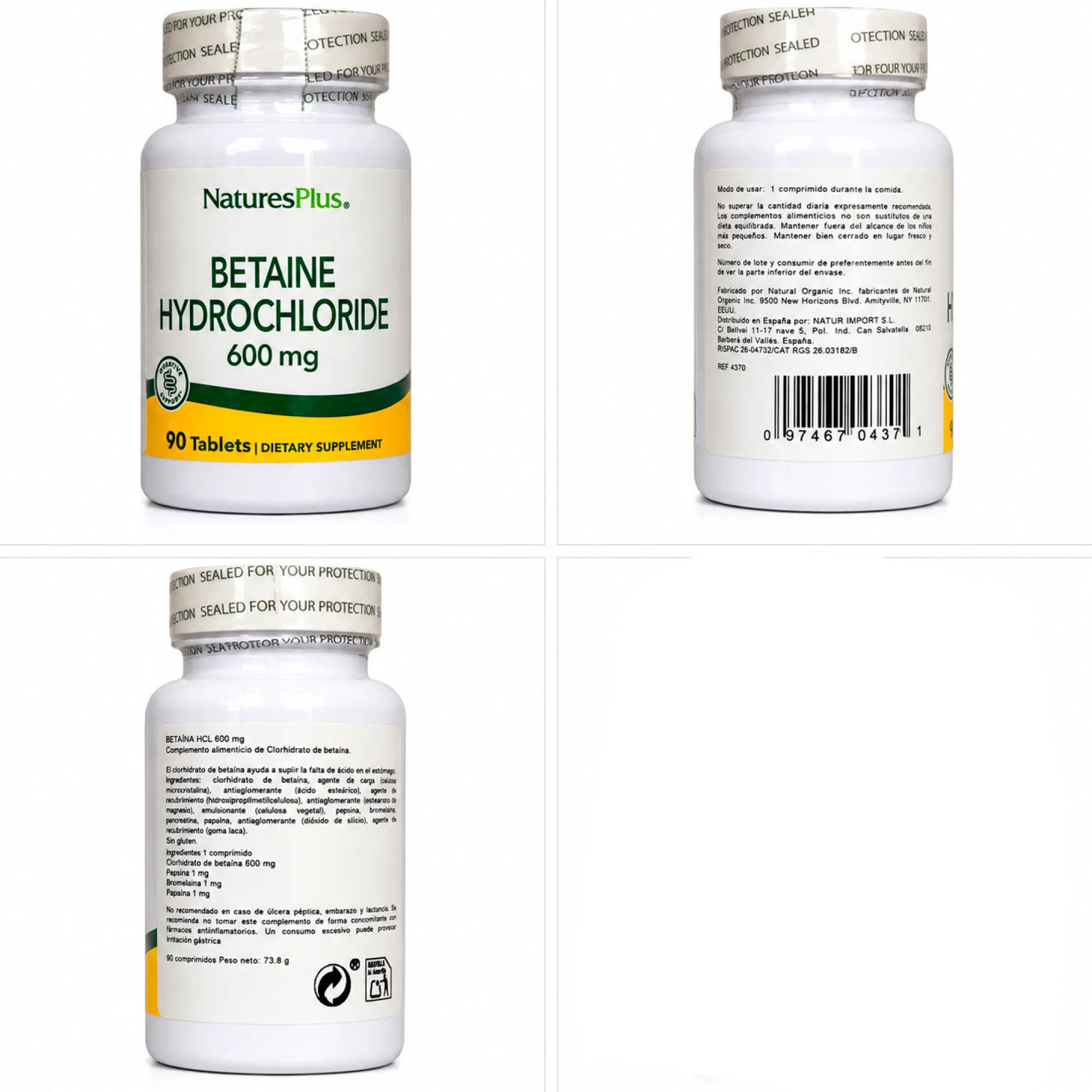 Betaína HCl 600 mg Nature's Plus 90 comprimidos