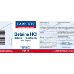 Betaína HCl 324mg/Pepsina 5mg Lamberts, 180 tabletas