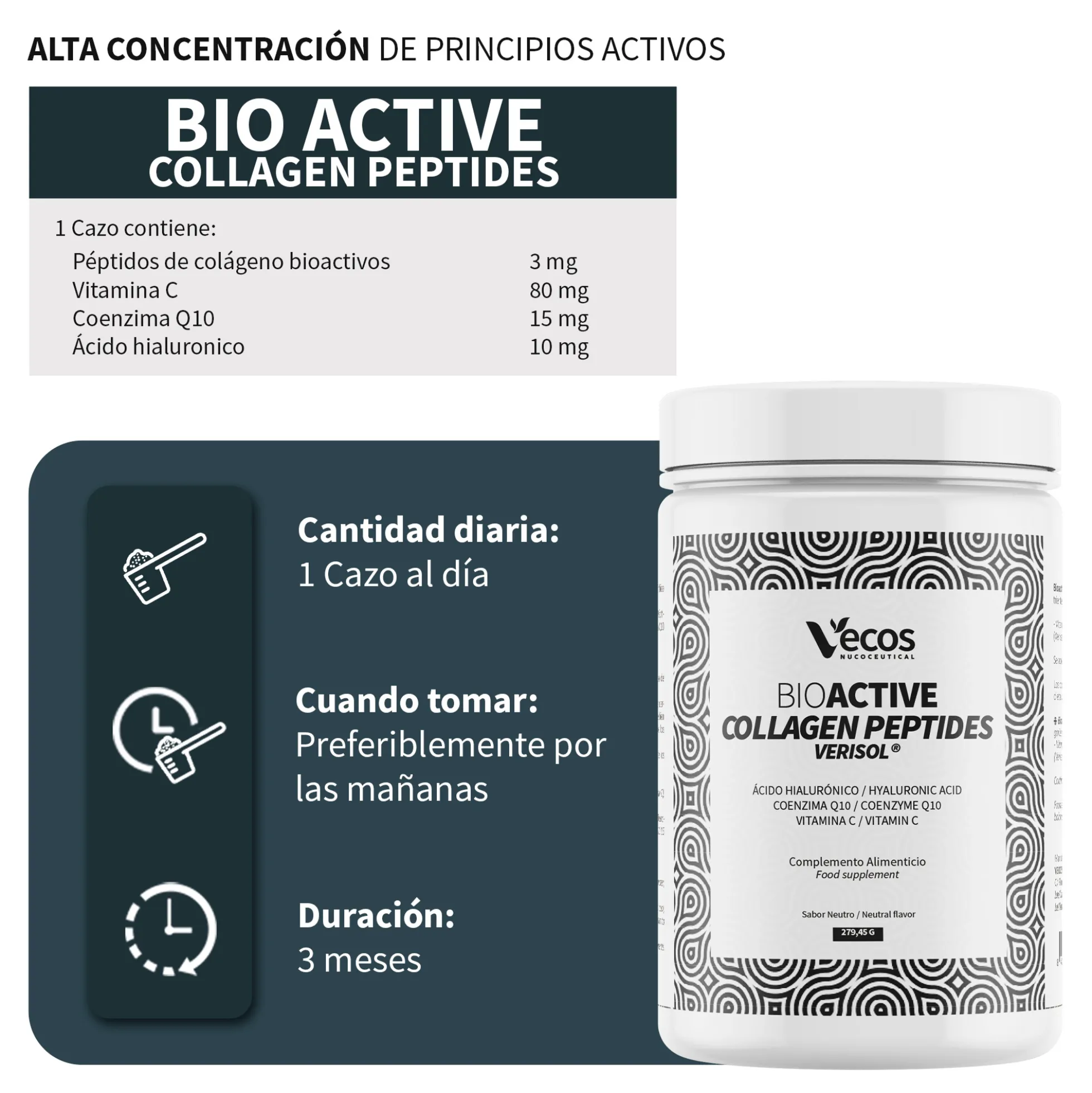 Bioactive Collagen Peptides Vecos 270 G | Colágeno Y Cuidado De La Piel | Verisol®, Ácido Hialurónico Y Coq10