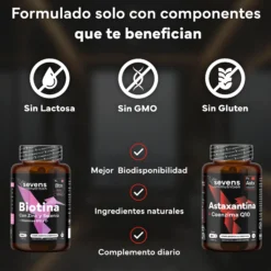 Biotina 10.000mcg Con Zinc, Selenio Y Vitaminas + Astaxantina 8 Mg. Sevens Nutrition. Cabello, Piel, Uñas Y Antioxidante