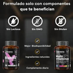 Biotina 10.000 Mcg + Multivitaminas Con Ginseng. Sevens Nutrition. Cabello, Piel Y Uñas + Energía Y Vitalidad Diaria