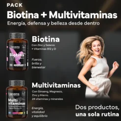 Biotina 10.000 Mcg + Multivitaminas Con Ginseng. Sevens Nutrition. Cabello, Piel Y Uñas + Energía Y Vitalidad Diaria