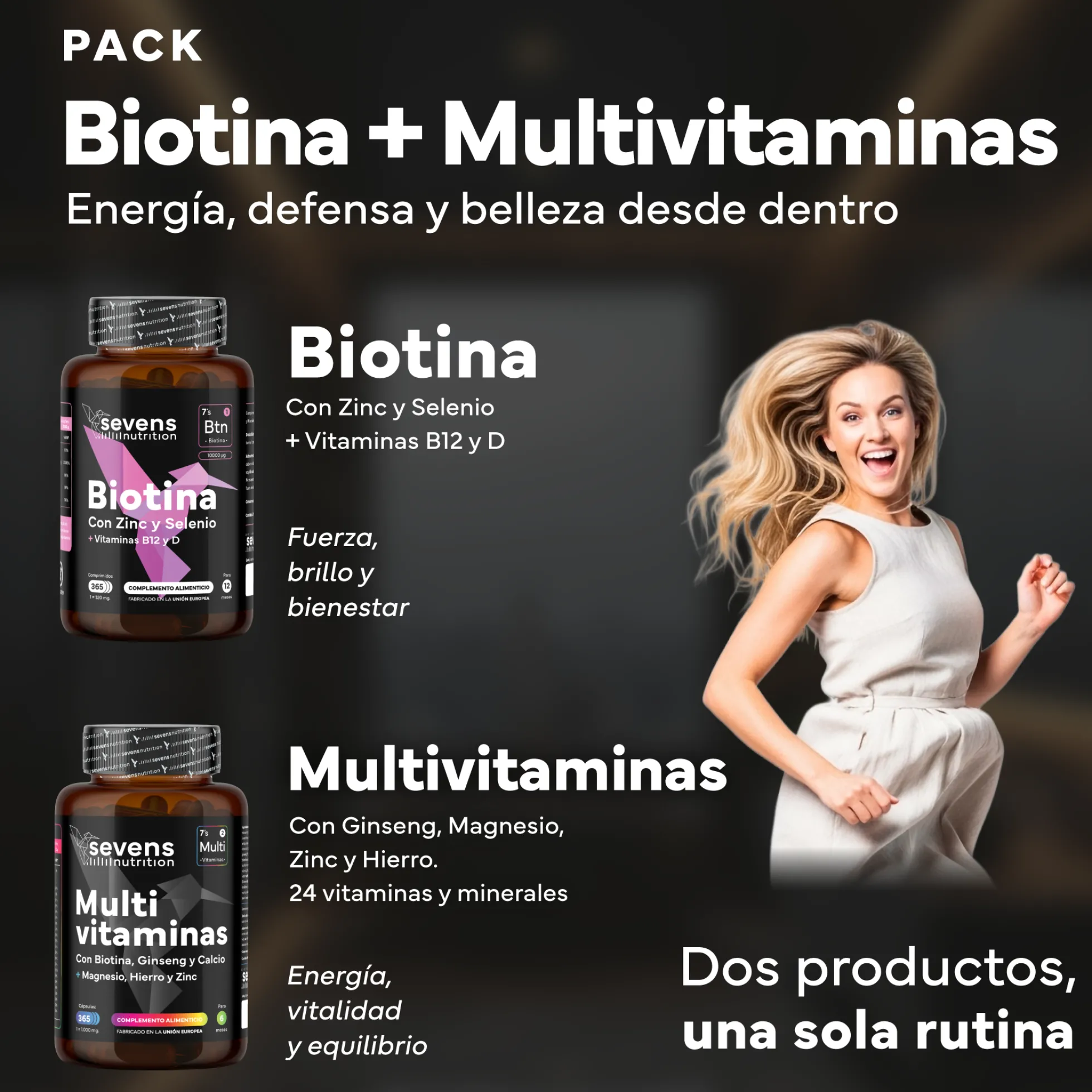 Biotina 10.000 Mcg + Multivitaminas Con Ginseng. Sevens Nutrition. Cabello, Piel Y Uñas + Energía Y Vitalidad Diaria