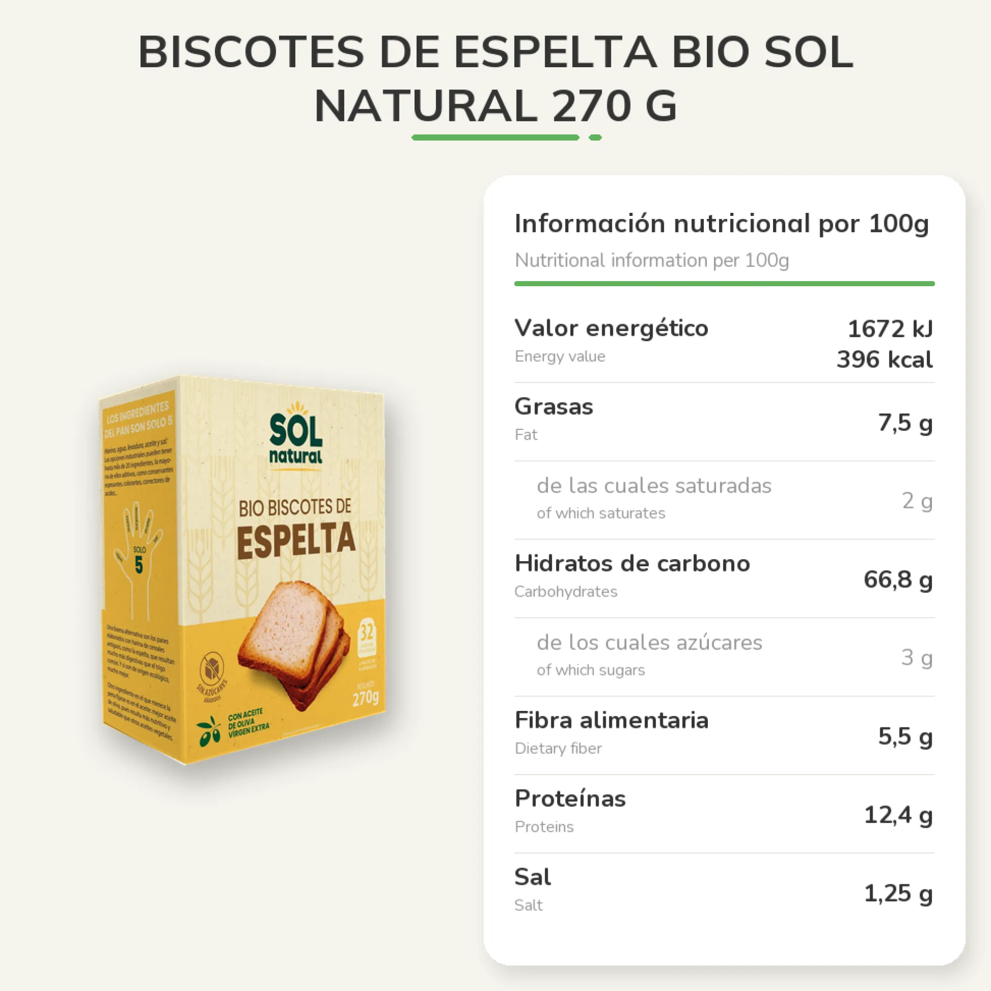 Biscotes de Espelta bio Sol Natural 270 g