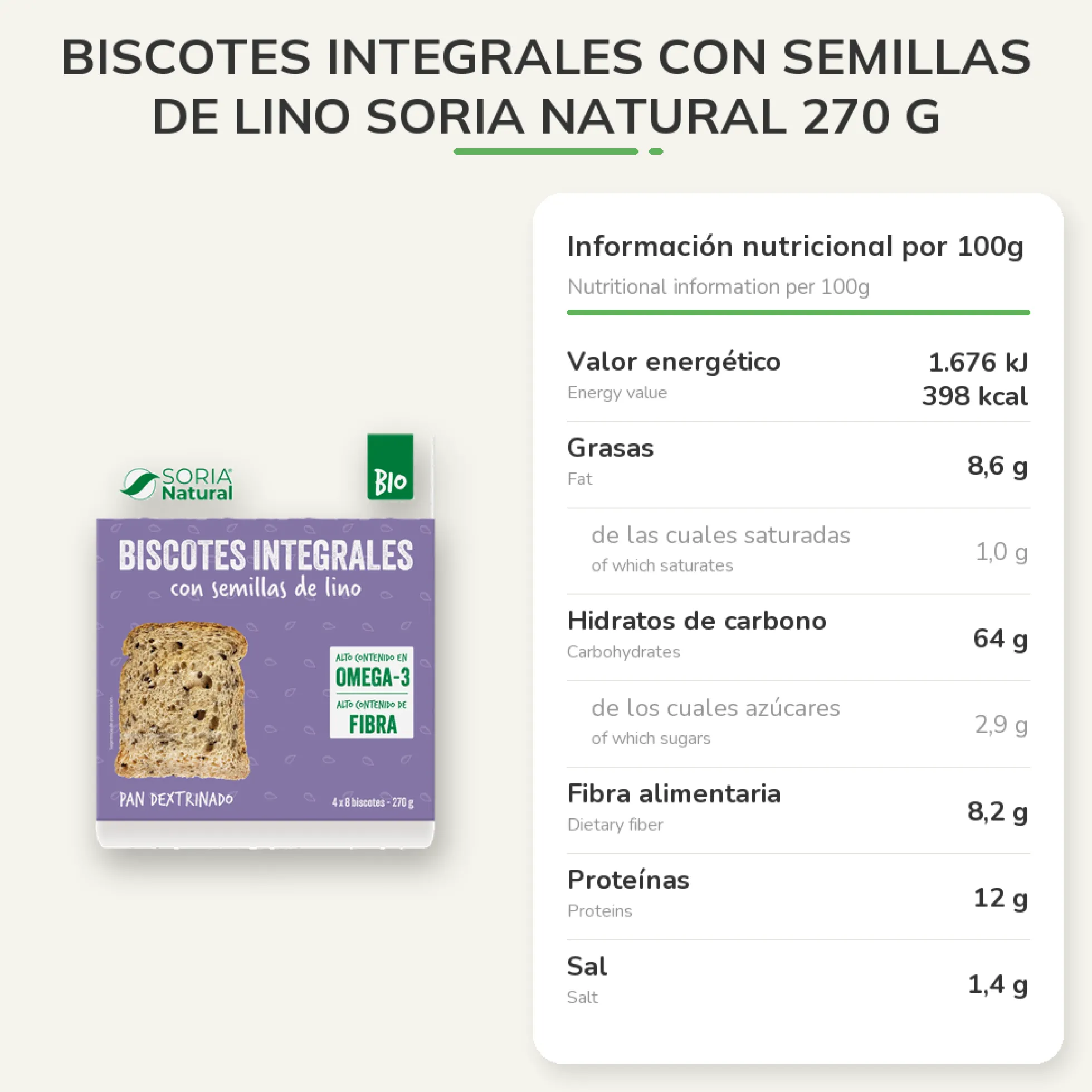 Biscotes integrales con semillas de lino SORIA NATURAL 270 g