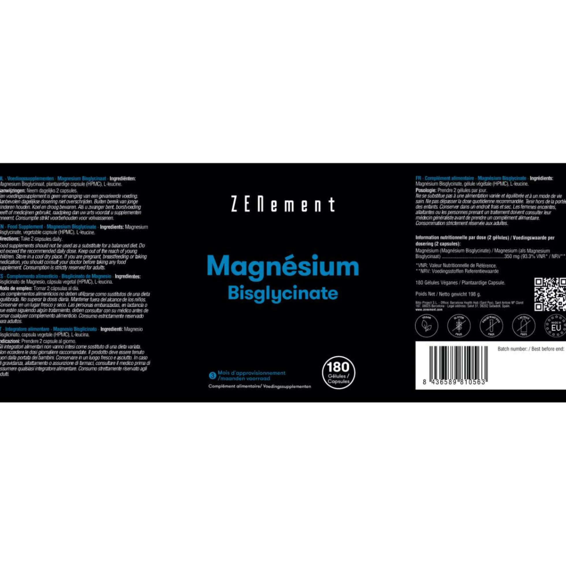 Bisglicinato de Magnesio Zenement, 180 comprimidos