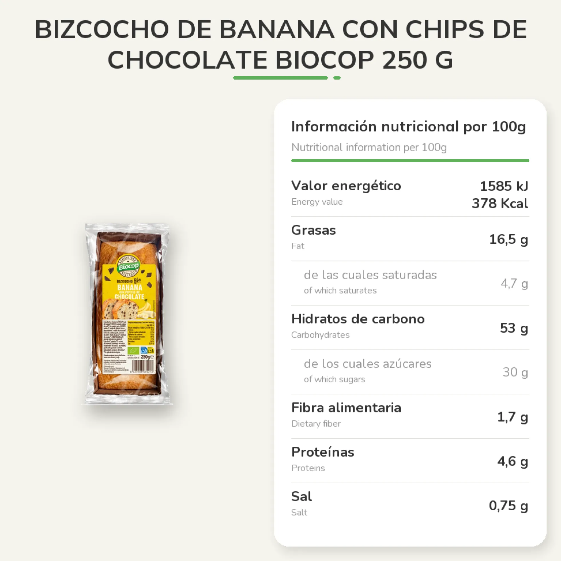 Bizcocho de Banana con Chips de Chocolate Biocop 250 g