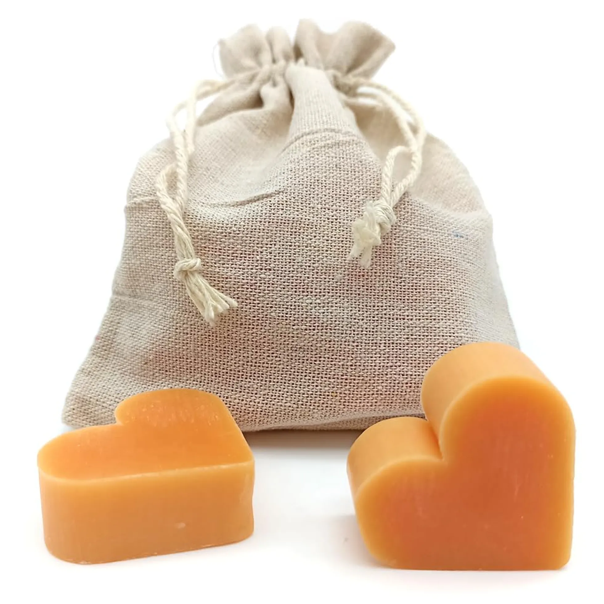 Bolsa Yute Con 5 Jabones - Aroma Naranja Y Jengibre - Jabón De Glicerina Con Forma De Corazón - Detalle Para Invitados