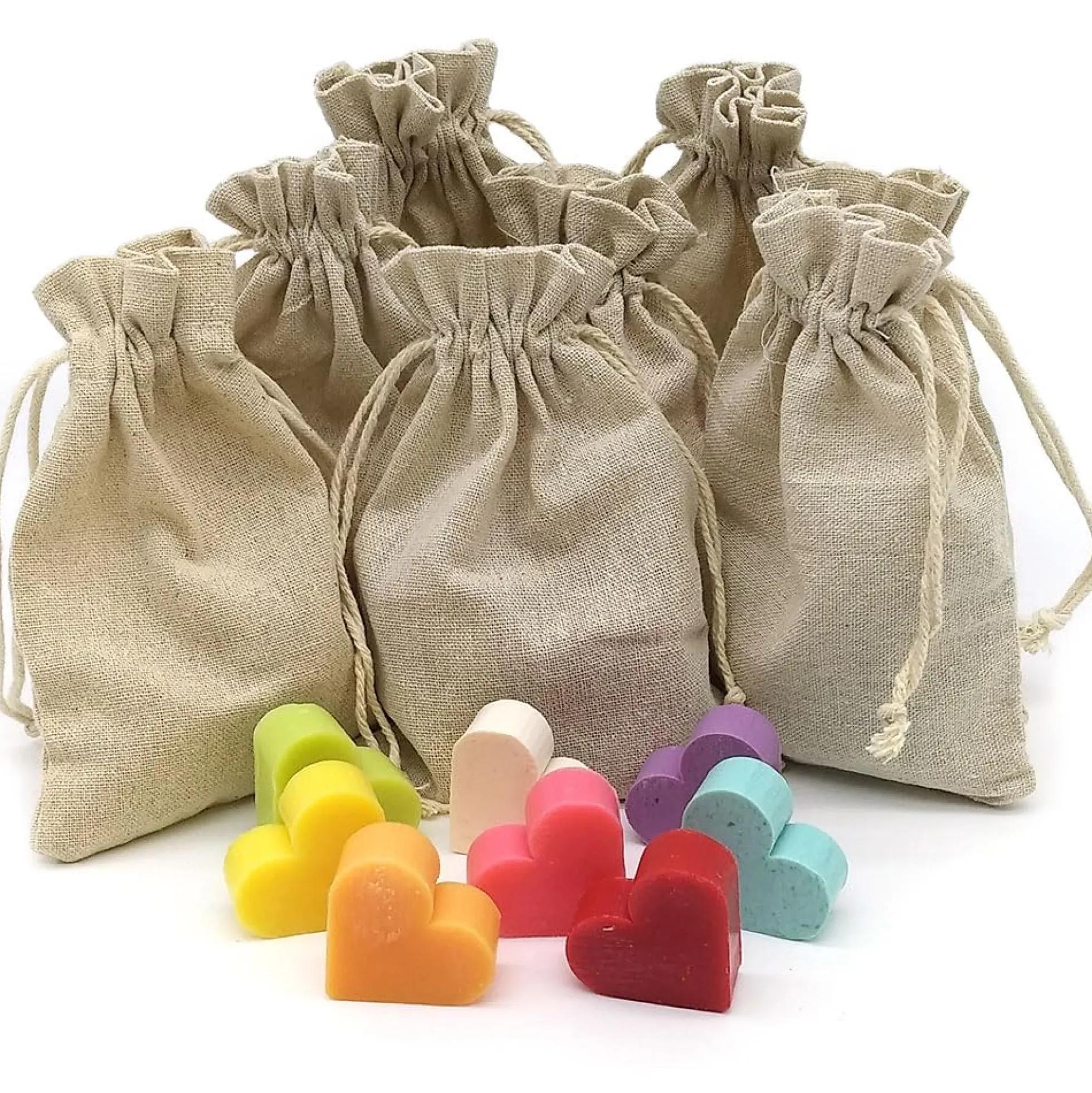 Bolsa Yute Con 5 Jabones - Aroma Naranja Y Jengibre - Jabón De Glicerina Con Forma De Corazón - Detalle Para Invitados