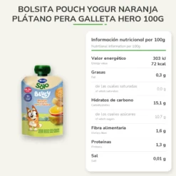 Bolsita Pouch Yogur naranja Plátano Pera Galleta Hero 100g