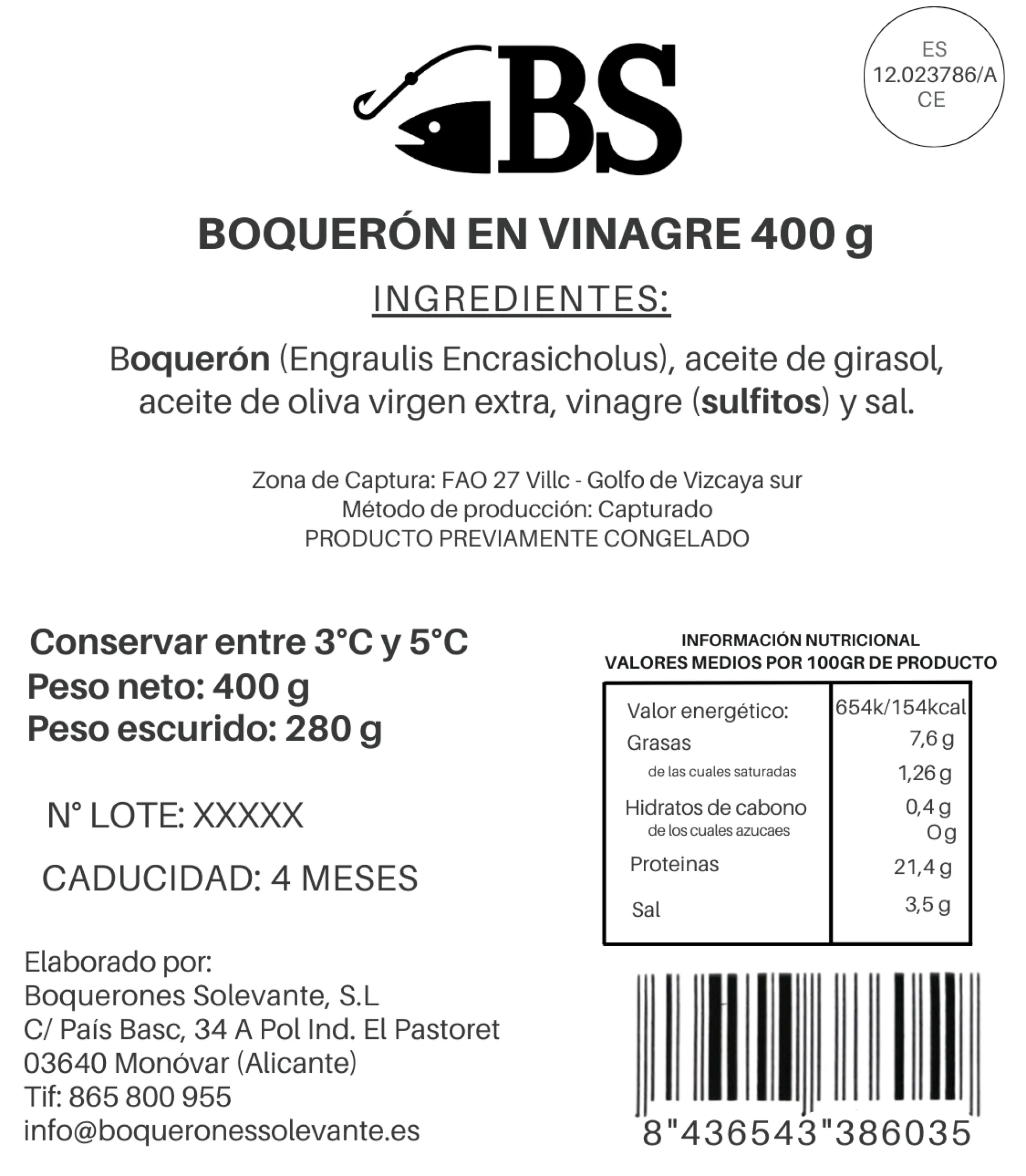 Boquerón En Vinagre Del Mar Cantábrico 400g