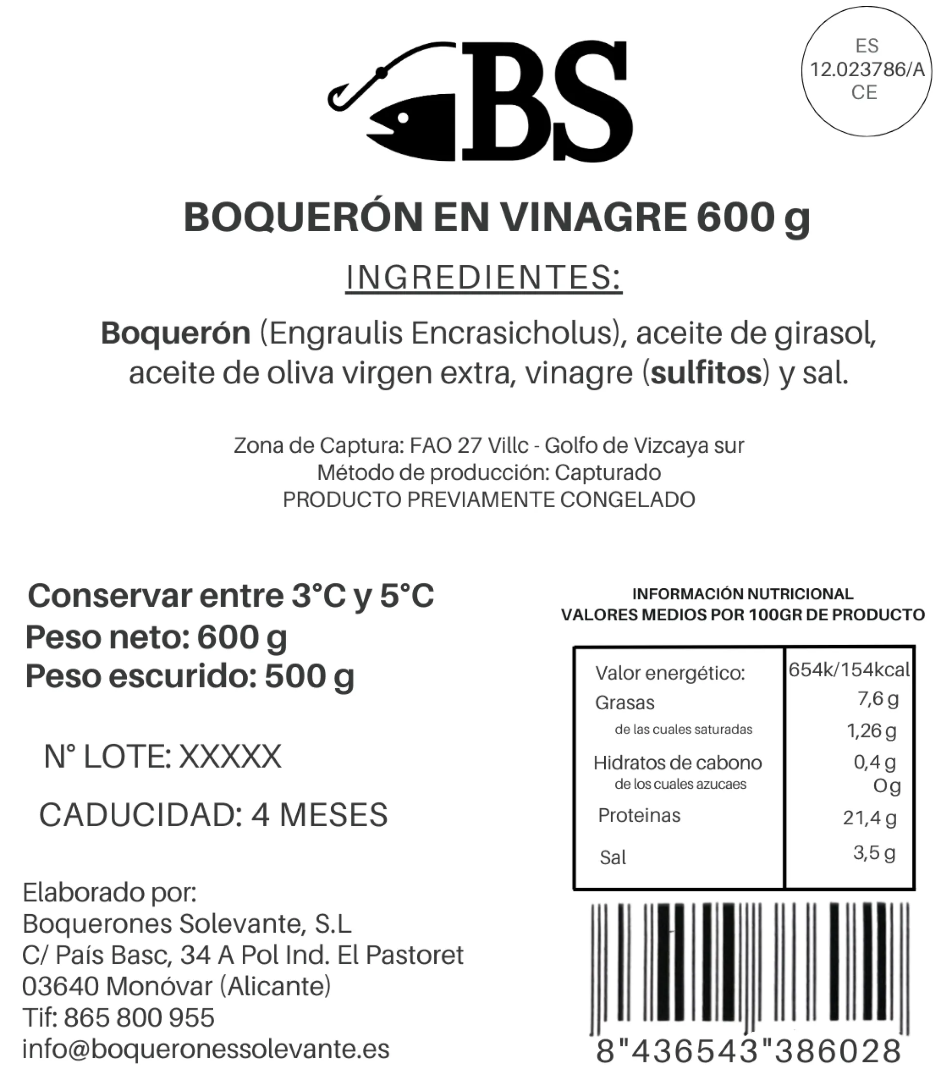 Boquerón En Vinagre Mar Cantábrico 600g