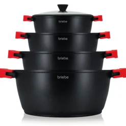 Briebe Batería Cocina Inducción Antiadherente Titanio, 8 Piezas Aluminio Fundido 4 Ollas Sin Pfoa Tapa, Blackt4, Negro
