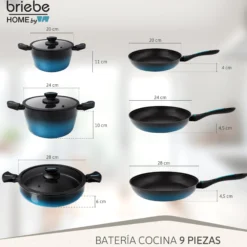 Briebe Batería Cocina Inducción Acero Forjado 9 Piezas Antiadherente Sin Pfoa, Fabricada En España, Mare, Azul