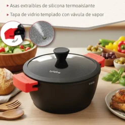 Briebe Batería Cocina Inducción Antiadherente Titanio, 6 Piezas Aluminio Fundido 3 Ollas Sin Pfoa Tapa, Blackt3, Negro