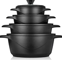 Briebe Batería De Cocina Inducción 8 Piezas Aluminio Fundido 4 Ollas Con Tapa De Cristal Antiadherente, Mgk12s, Negro