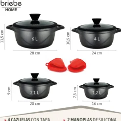 Briebe Batería De Cocina Inducción 8 Piezas Aluminio Fundido 4 Ollas Con Tapa De Cristal Antiadherente, Mgk12s, Negro