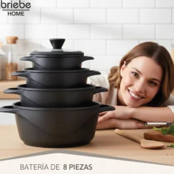 Briebe Batería De Cocina Inducción 8 Piezas Aluminio Fundido 4 Ollas Con Tapa De Cristal Antiadherente, Mgk12s, Negro